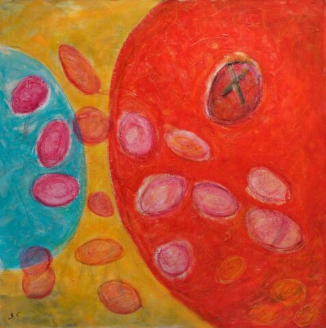 Opus 1, pintura acrílica de Susana Epstein de la serie Génesis, 1,20 x 1,20 m