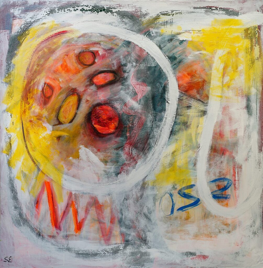 Opus 3, pintura acrílica de Susana Epstein de la serie Génesis, 1,20 x 1,20 m