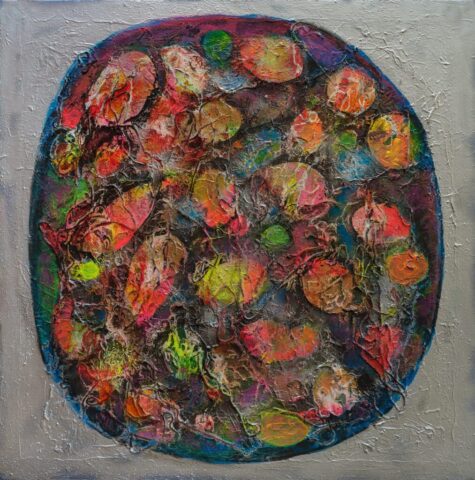 Opus 8, pintura acrílica de Susana Epstein de la serie Génesis, 1,20 x 1,20 m